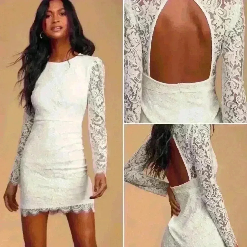 White lace open back bridal dress from Lulus feminine sexy